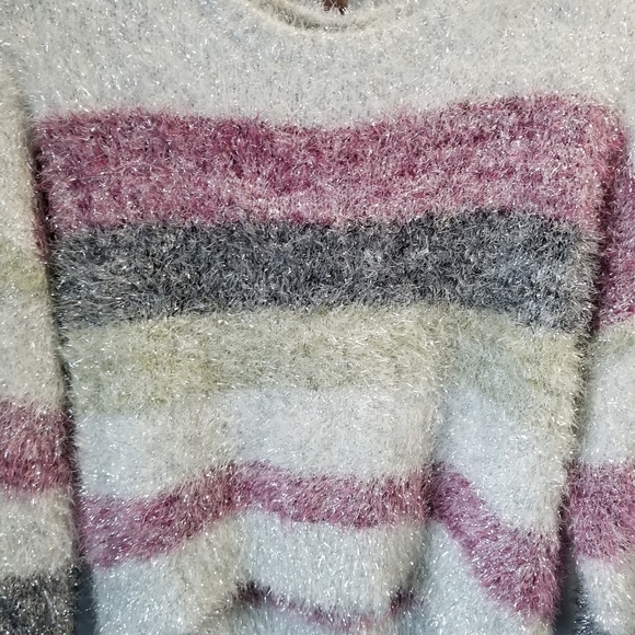 Wild Fable Women's L Sparkle Fuzzy Eyelash Striped Cropped Sweater Purple Gray. - Picture 2 of 7